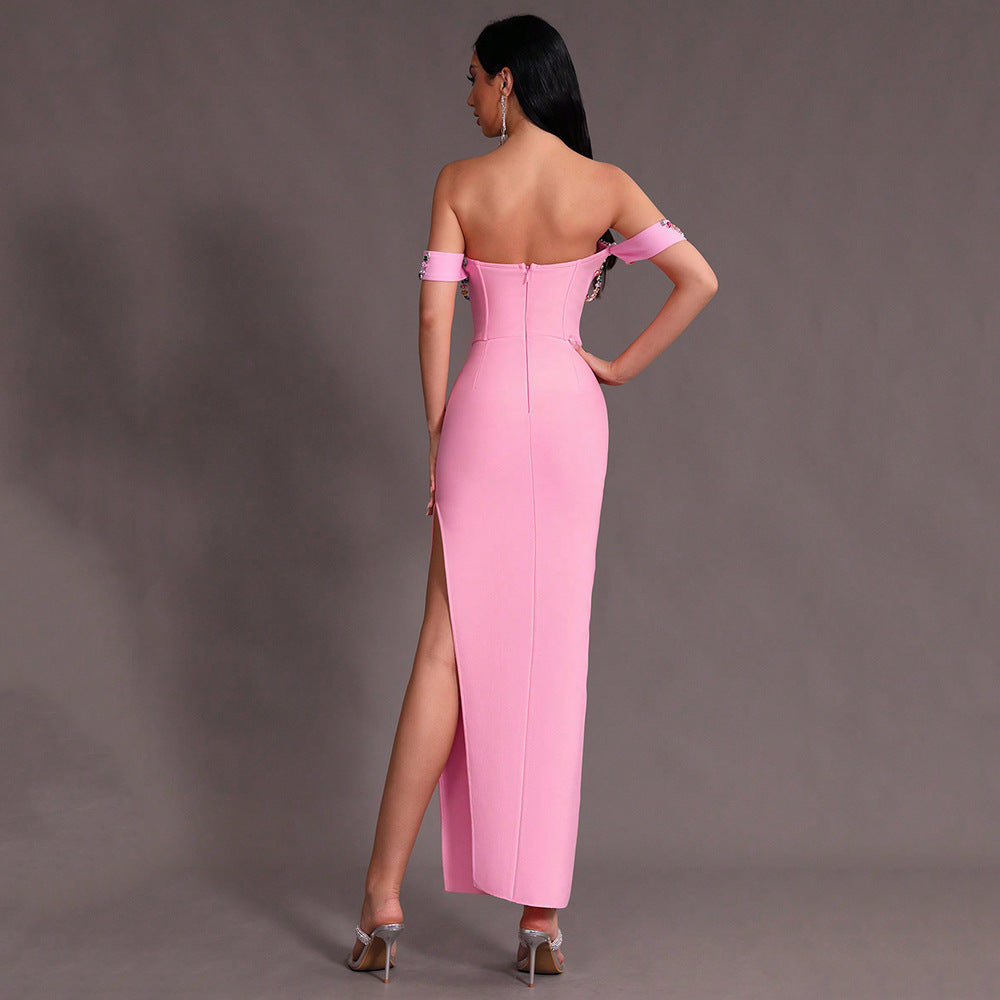 Off-shoulder Sexy Colorful Crystal Diamond Split Tight Stretch Dress
