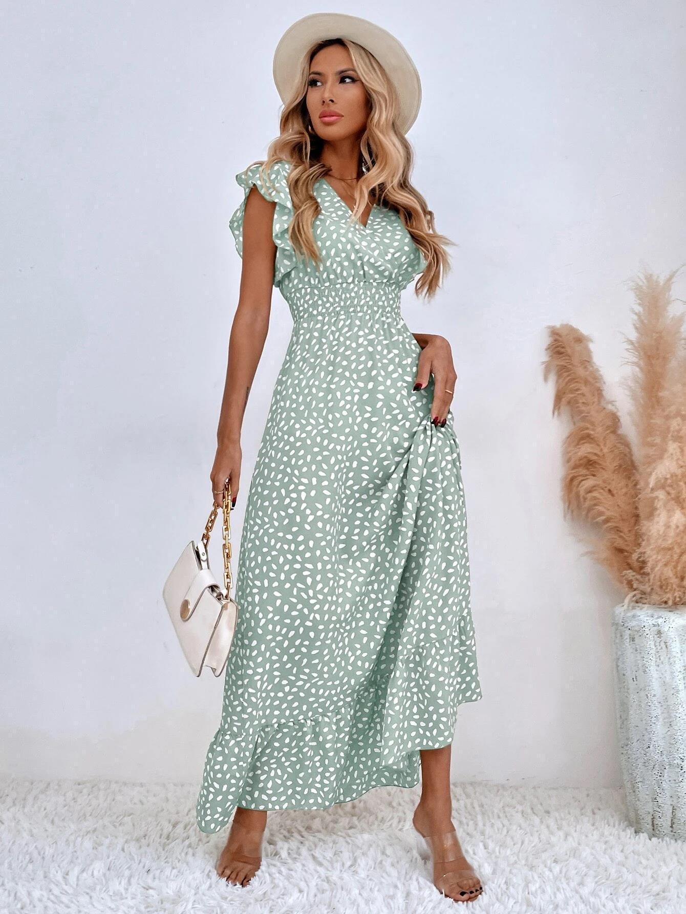 Women's V-neck Ruffled Sleeveless High Waist Maxi Dress