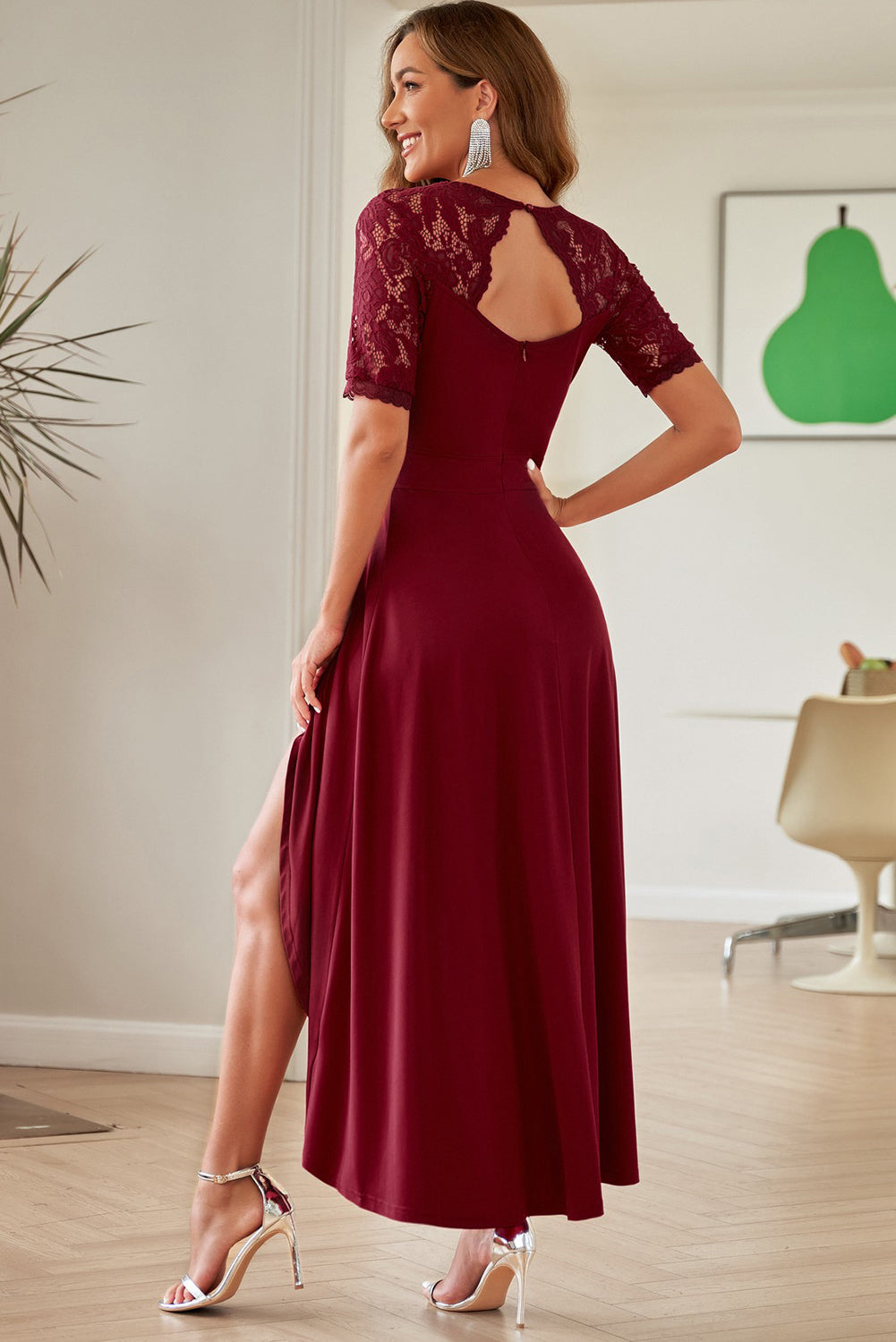 Lace Cutout V-Neck Short Sleeve Dress - Taboochic
