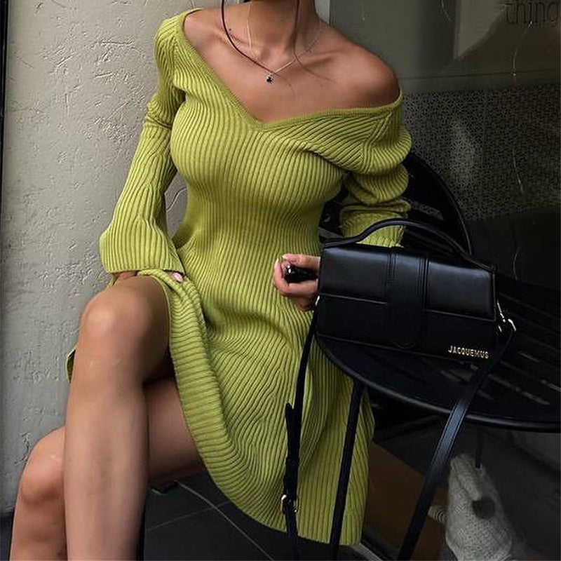 Sexy Slim V-Neck Long Sleeve Knitted Mini Dress