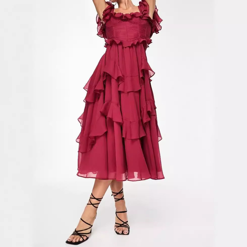 Summer Holiday Ruffled Short-sleeved Backless Square Neck Dress