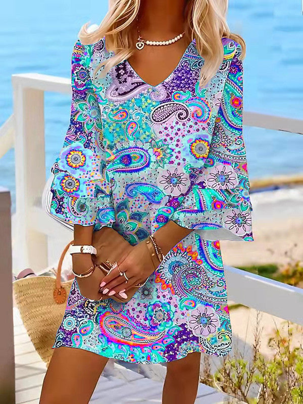 Five-quarter Short Sleeve Ruffled V-neck Color Mini Dress