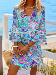 Five-quarter Short Sleeve Ruffled V-neck Color Mini Dress