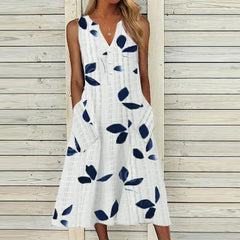 Women's Casual Leaf Waist V-neck Midi Sleeveless Dress