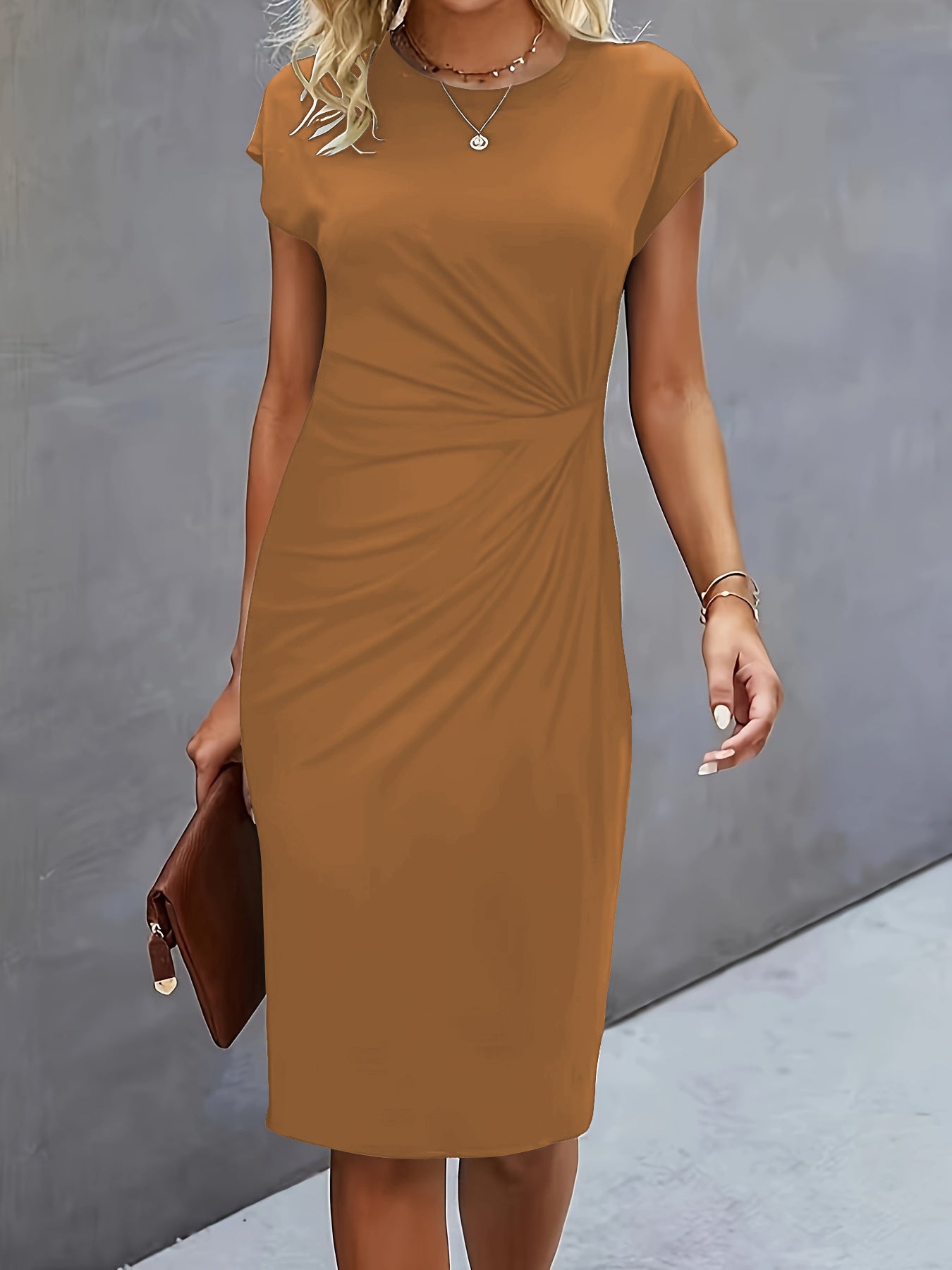 Women's Casual Tight Front Knot Round Neck Midi  Dress