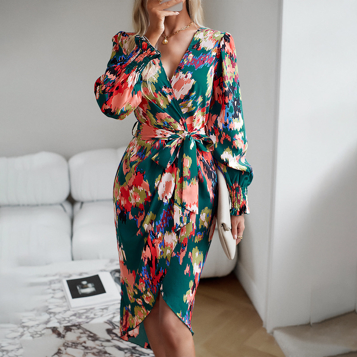 Printed Autumn Winter Elegant V-neck Long Sleeve Dress