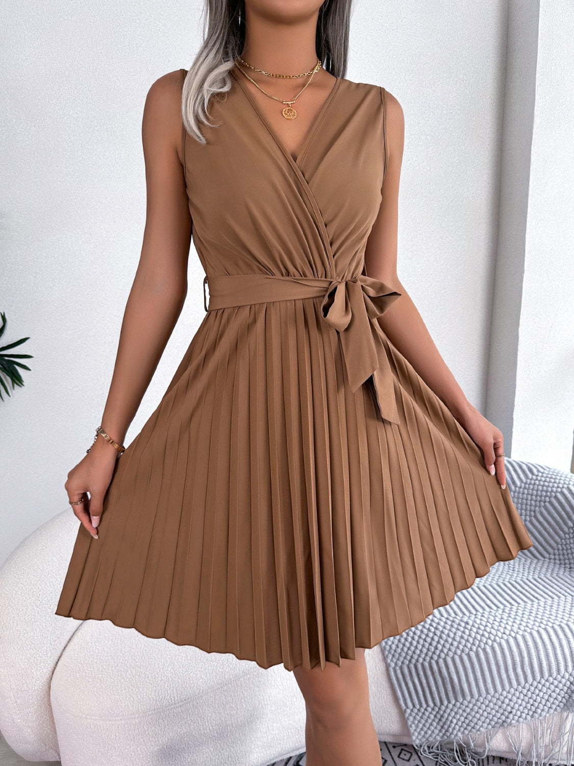 Tied Surplice Sleeveless Pleated Dress - Taboochic