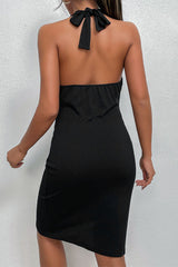 Asymmetrical Ribbed Ruched Halter Neck Dress - Taboochic