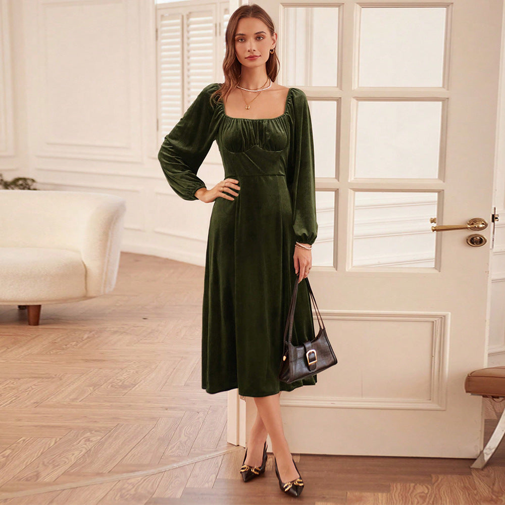 Women's Fashion Long Sleeve Velvet Dress