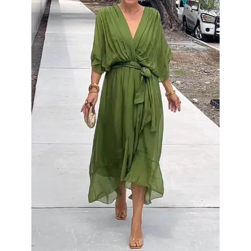 Batwing Sleeve V-neck half sleeve Midi Dress