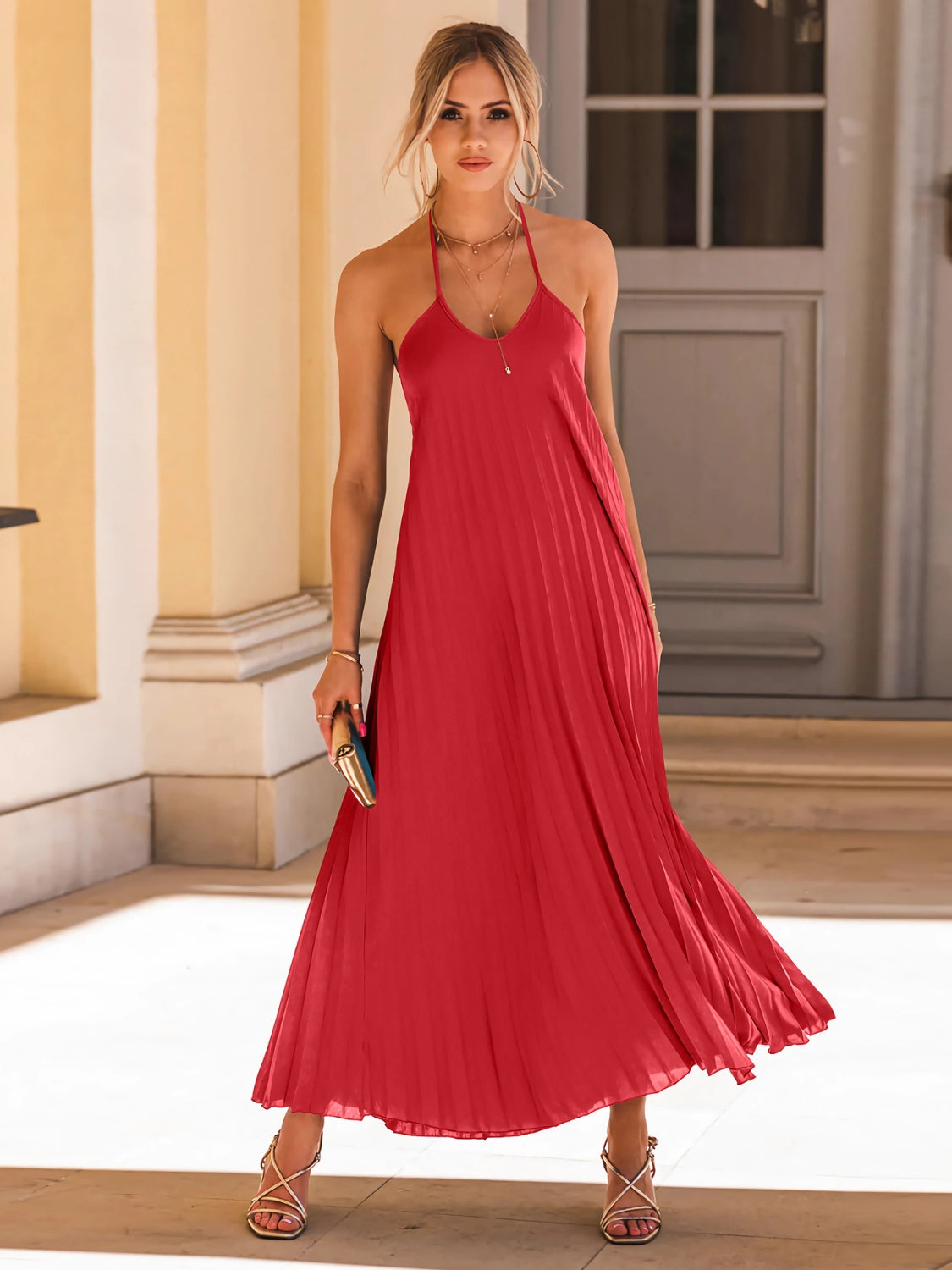 Backless Pleated Halter Neck Dress - Taboochic