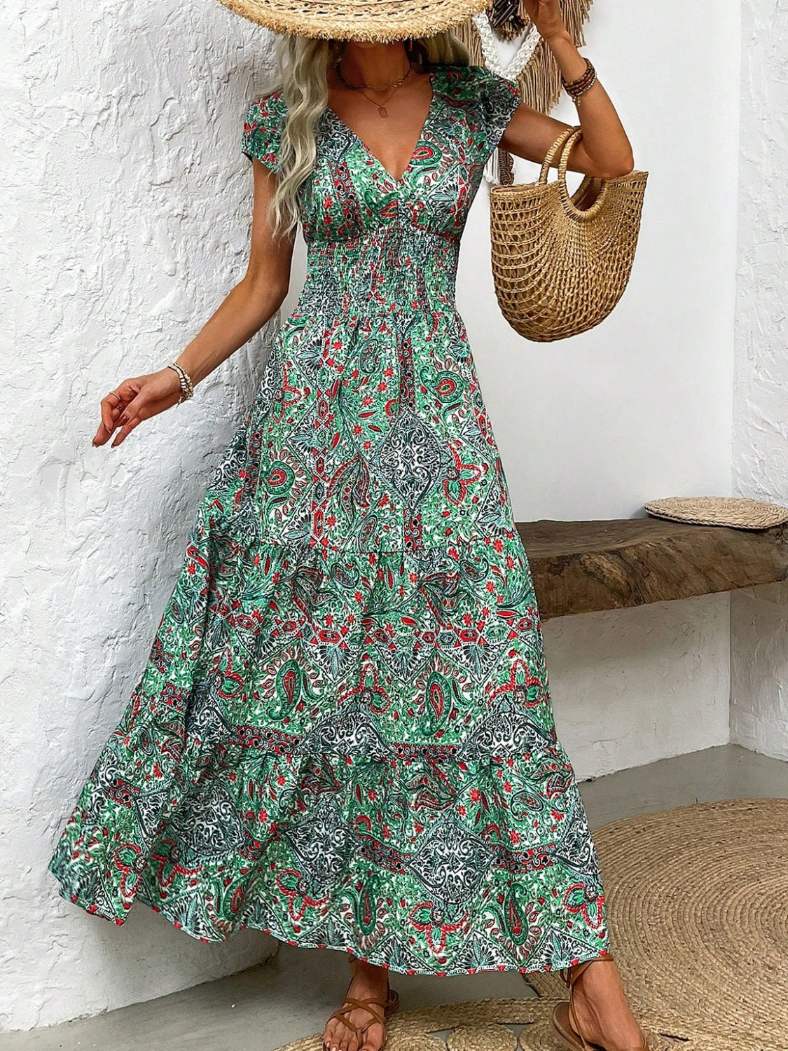 Smocked Printed Cap Sleeve Midi Dress - Taboochic