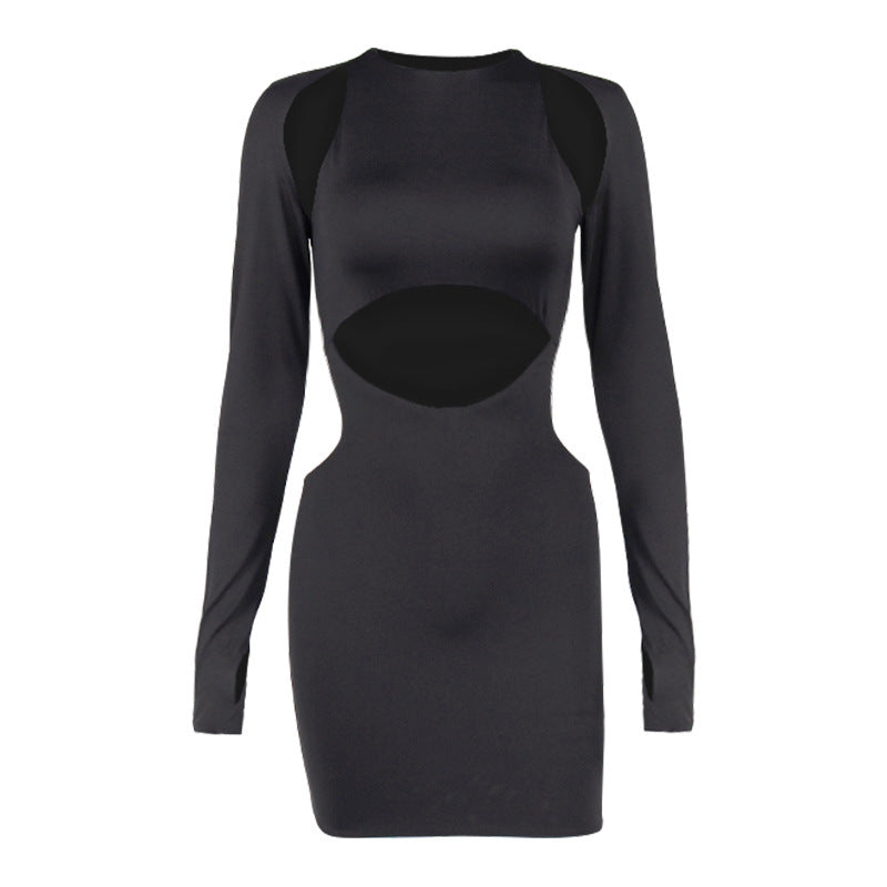 Fashion Solid Color Hollow Out Waist Bag Hip Long Sleeve Dress
