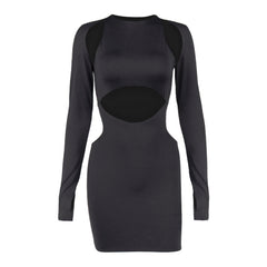 Fashion Solid Color Hollow Out Waist Bag Hip Long Sleeve Dress