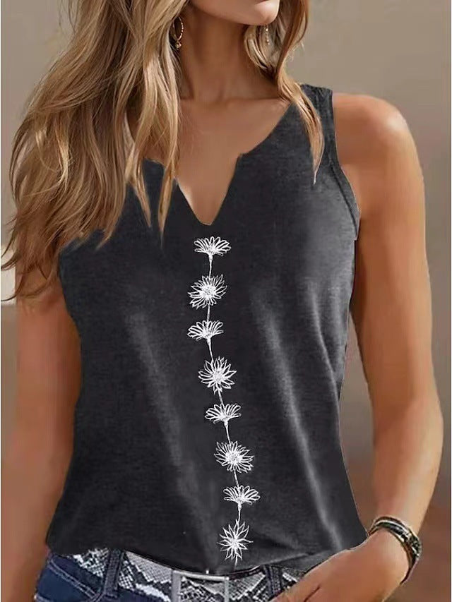 Casual Loose V-neck S Print Sleeveless T-shirt Top