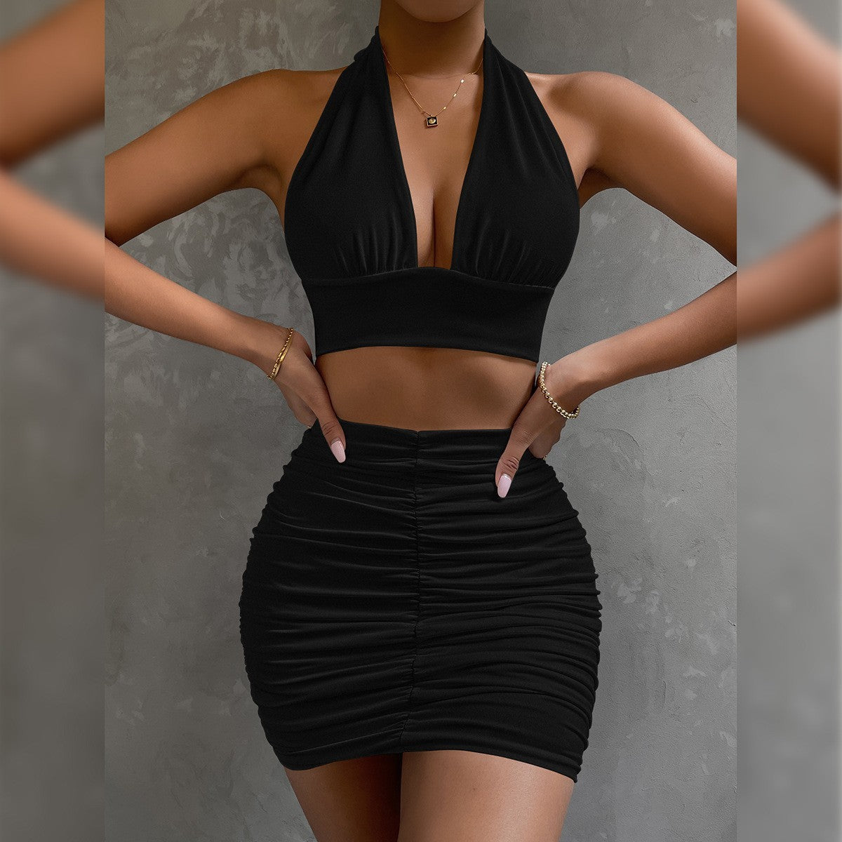 Women Halter Lace-up Hip 2pcs Dress