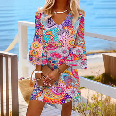 Five-quarter Short Sleeve Ruffled V-neck Color Mini Dress