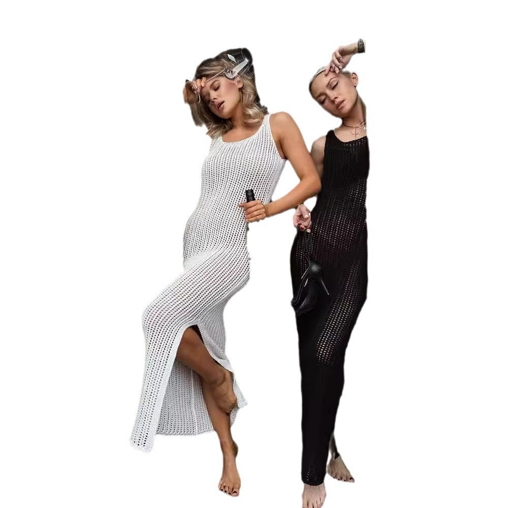 Women's Niche Design Knitted Hollow High-grade Simple Solid Color Slim Fit Slit Sleeveless Dress