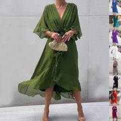 Batwing Sleeve V-neck half sleeve Midi Dress