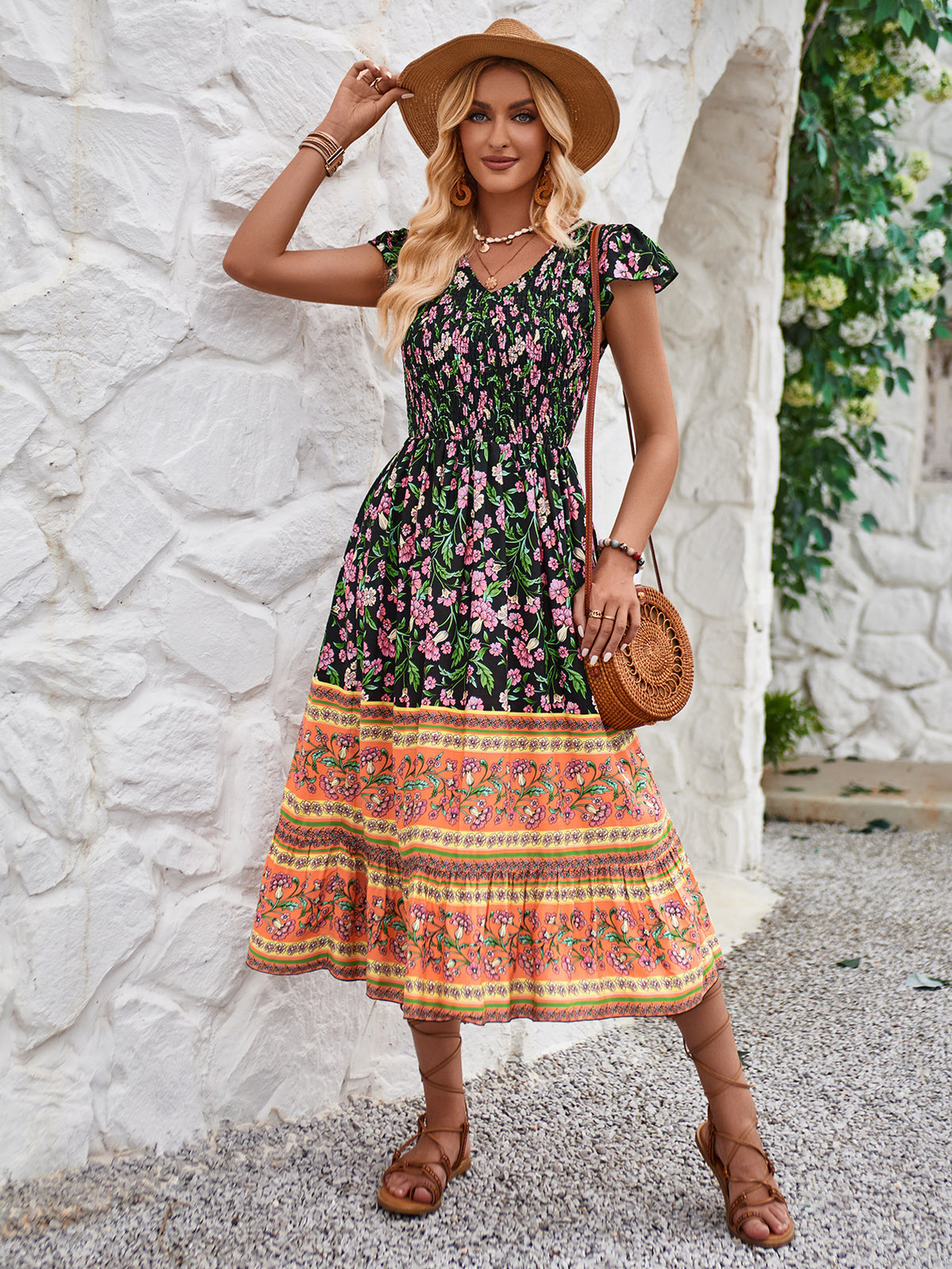 New Flowers Print V-neck Midi Dress Summer Casual Ruffle Sleeveless Dress