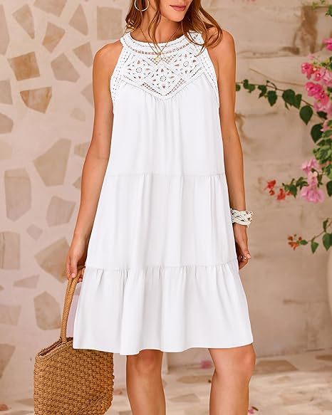 Summer Halterneck A-line With Flower Hollow Lace Design Sleeveless Dress