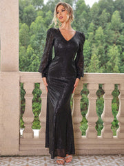 Sequin V-Neck Lantern Sleeve Maxi Dress - Taboochic