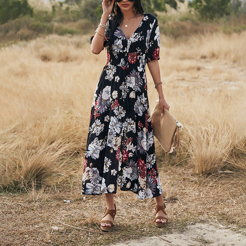 Floral V Neck Elastic Waist  Midi Dress