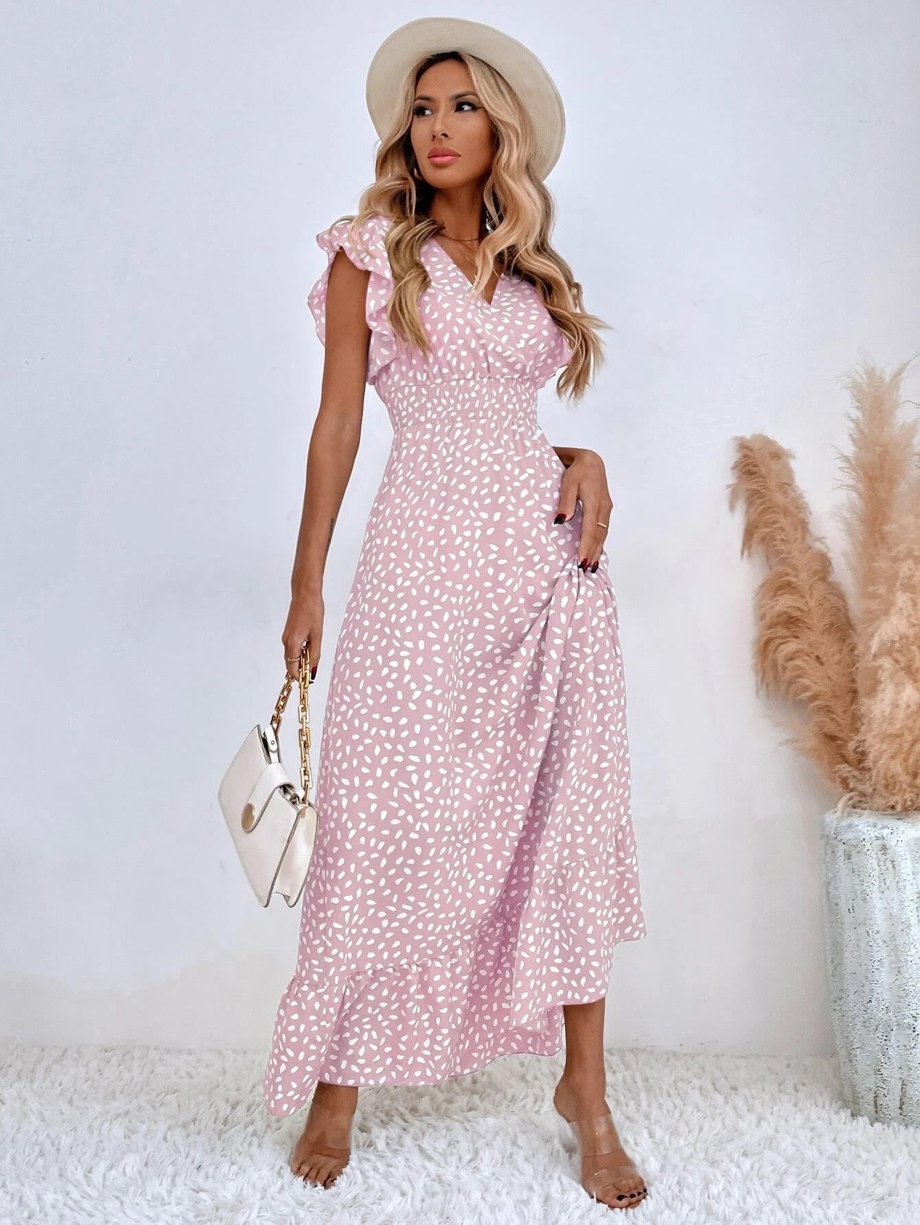 Women's V-neck Ruffled Sleeveless High Waist Maxi Dress