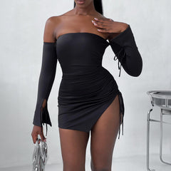 Women's Shoulder-baring Wrapped Chest Split Hip Mini Dress