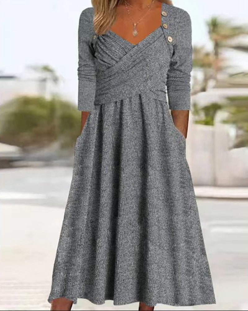 Women's Casual Loose Cross Button Solid Color Long Sleeve Dress