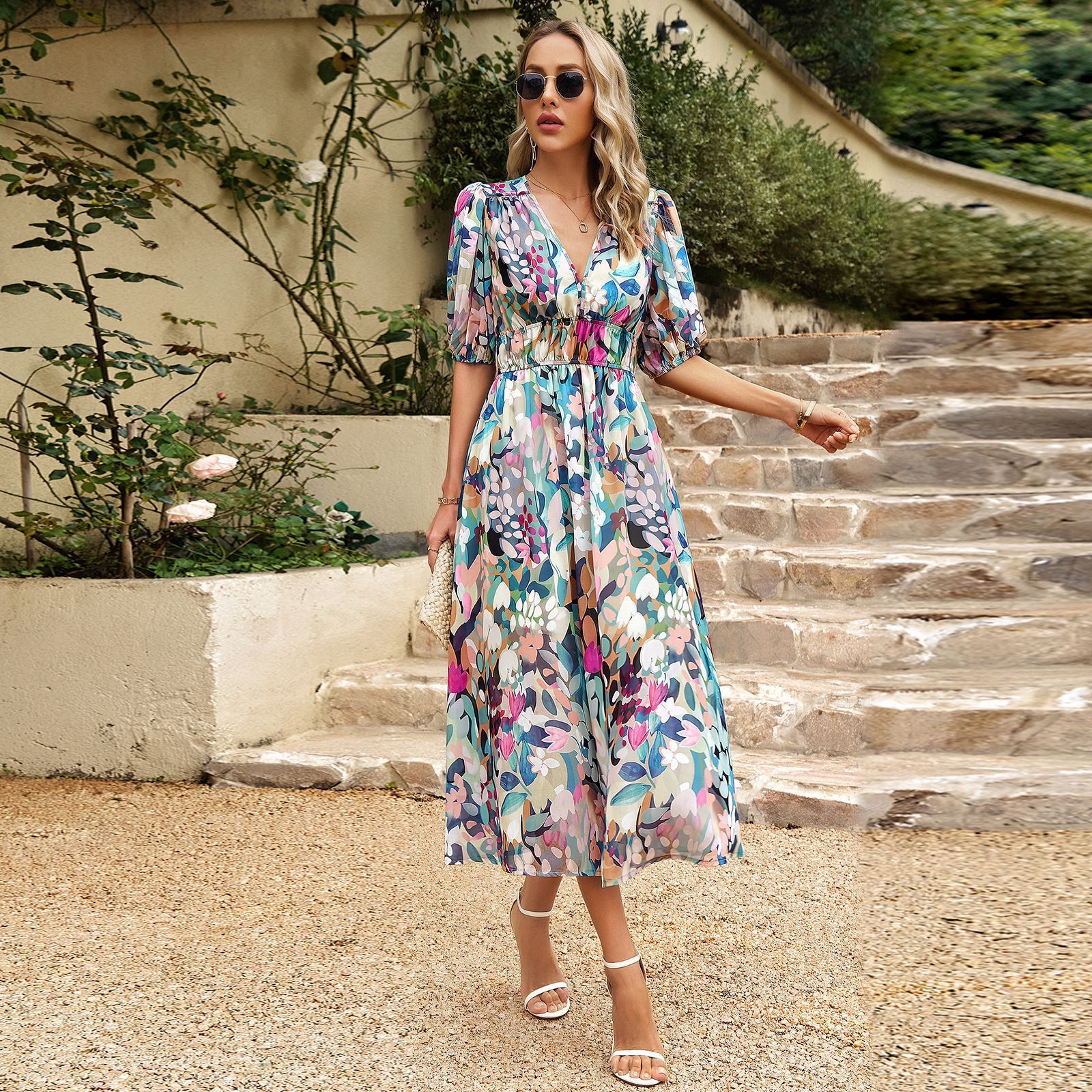 New V-neck Printed Short-sleeved Slim Seaside Maxi Dress