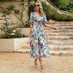 New V-neck Printed Short-sleeved Slim Seaside Maxi Dress