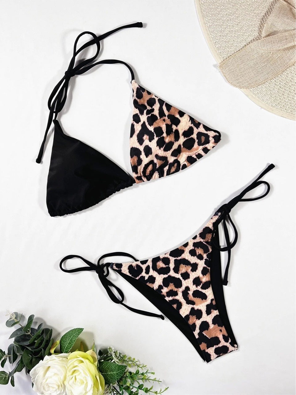 Women's Leopard Print Split Lace-up Bikini Suit