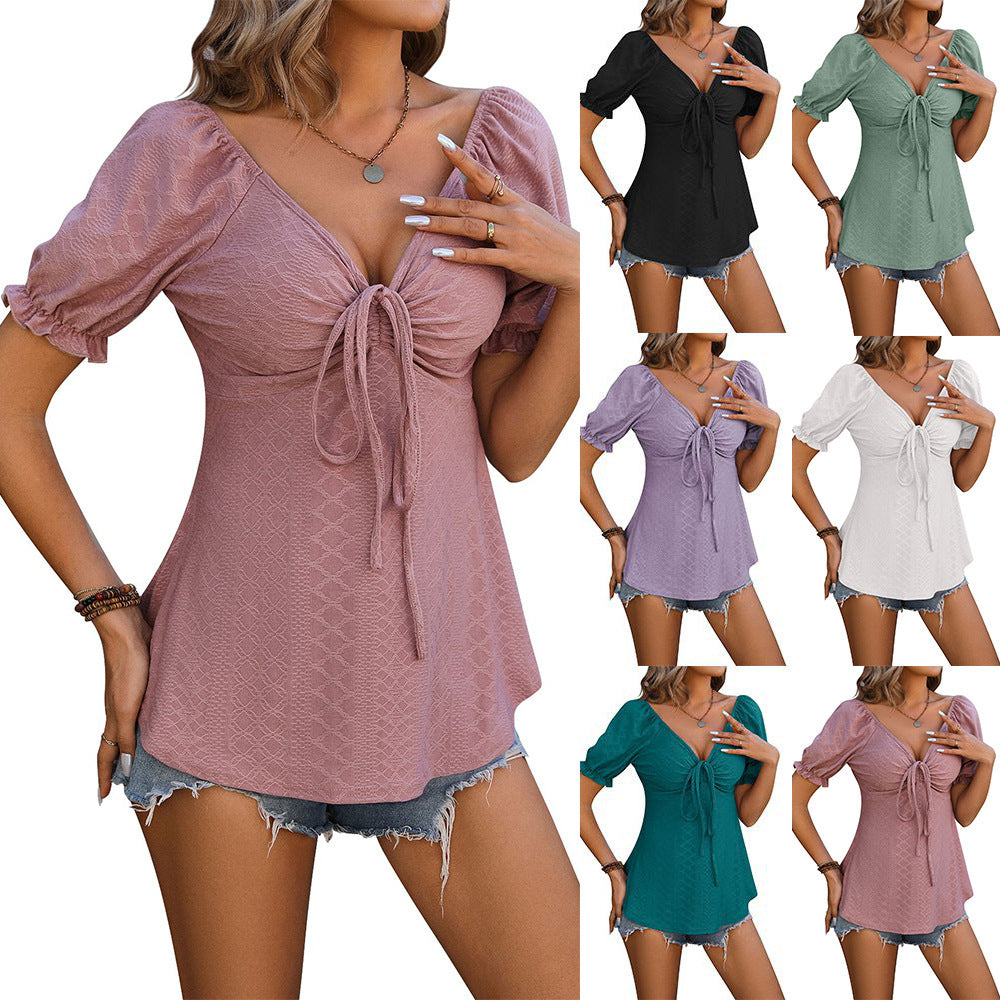 V-neck Drawstring Design Top